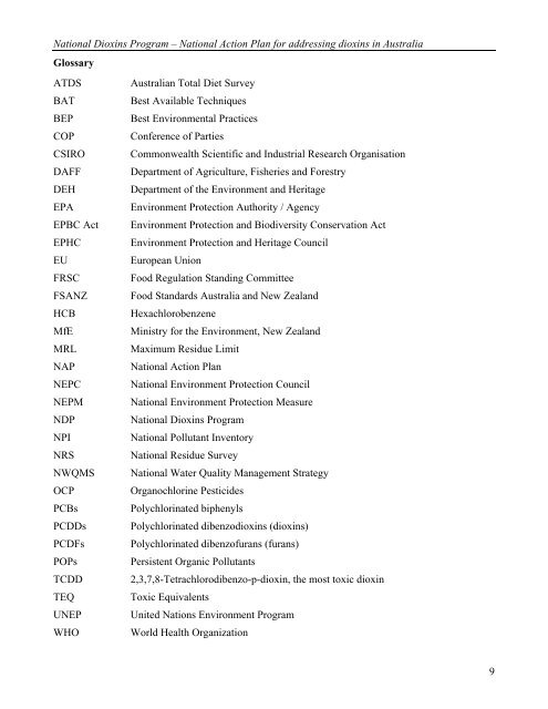 National Action Plan for Addressing Dioxins in Australia