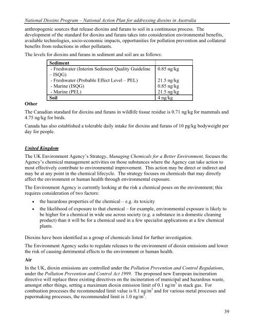 National Action Plan for Addressing Dioxins in Australia