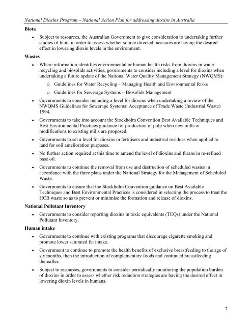 National Action Plan for Addressing Dioxins in Australia