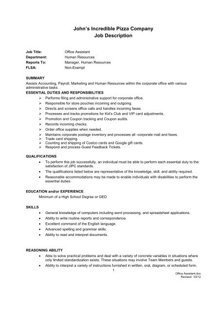 Job Description Office Assistant John s Incredible Pizza top-17-fleet-manager-resume-objective-examples-resumecat