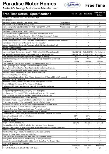 Free Time Series - Specifications - Paradise Motor Homes