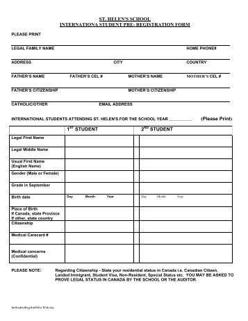 Pre-Registration Form - St. Helen's Elementary School