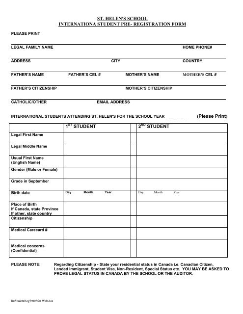 Pre-Registration Form - St. Helen's Elementary School