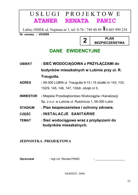 Dokumenty Traugutta ZP14/2010 - Mpwik w Lubinie