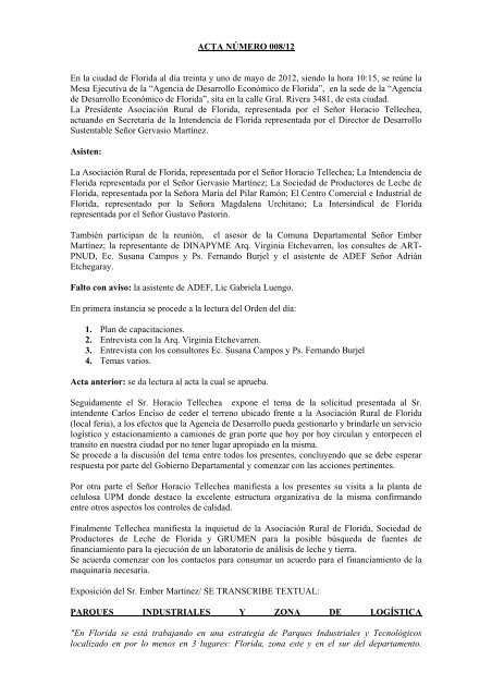 ACTA NÚMERO 008/12 En la ciudad de Florida al día treinta ... - ADEF