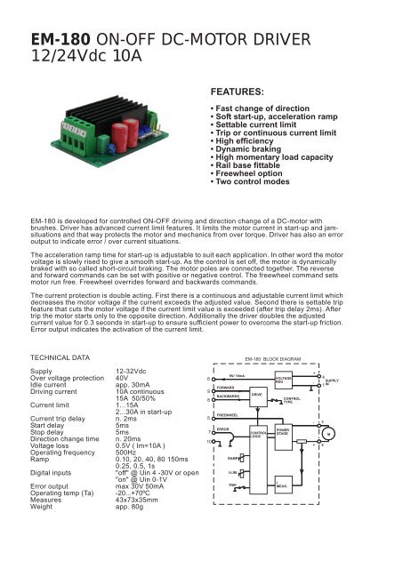 EM-180 ON-OFF DC-MOTOR DRIVER 12/24Vdc 10A - Electromen