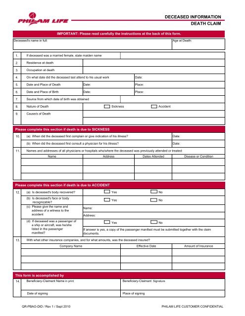 Deceased Information Form - Philam Life