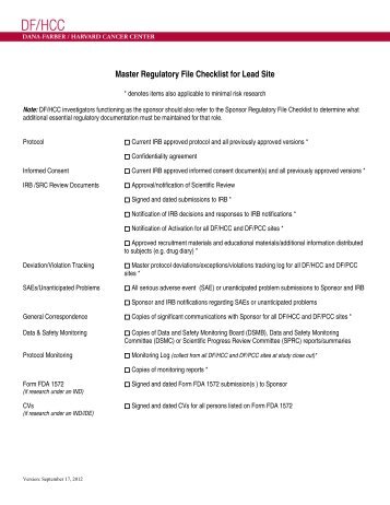 Master Regulatory File Checklist for Lead Site