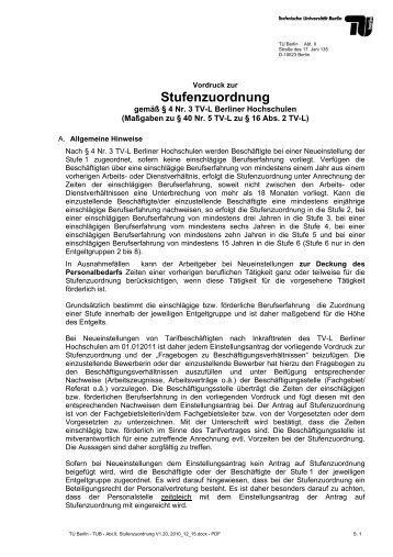 Stufenzuordnung - der Personalabteilung - TU Berlin