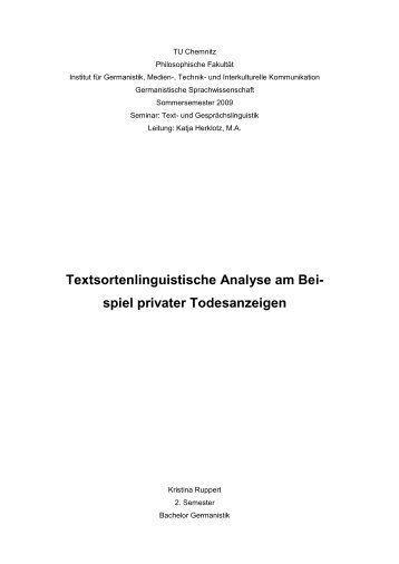 Textsortenlinguistische Analyse Am Bei- Spiel Privater Todesanzeigen