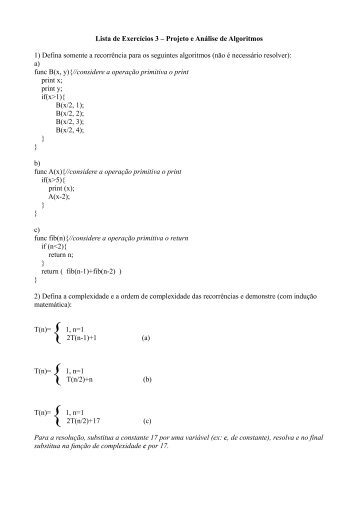 Lista de Exercícios 3 – Projeto e Análise de Algoritmos 1) Defina ...