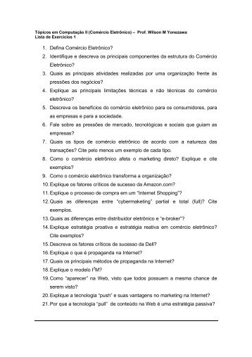 1. Defina Comércio Eletrônico? 2. Identifique e descreva os ...