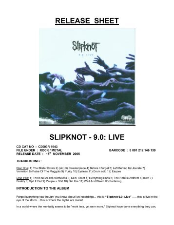 RELEASE SHEET SLIPKNOT - 9.0: LIVE - David Gresham Records