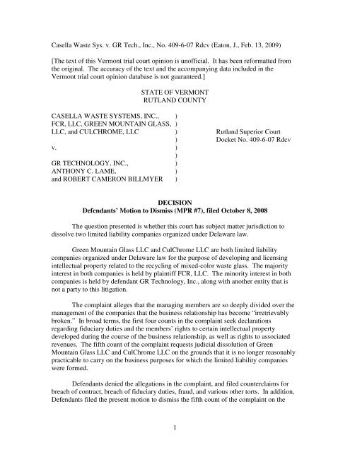 Casella Waste Systems Inc V Gr Technology Inc Decision And