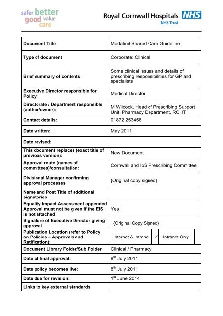 Modafinil Shared Care Guideline - the Royal Cornwall Hospitals ...