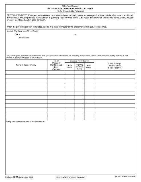 U.S. USPS Form usps-ps-4027