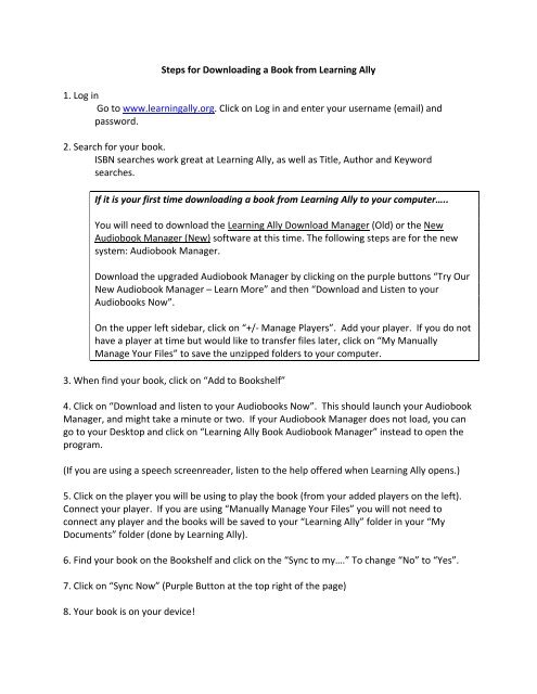 Steps for Downloading a Book from Learning Ally 1. Log in Go to ...