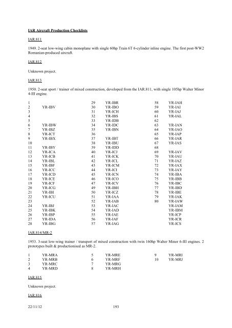 romanian civil aircraft registers & production - Thai Aviation History