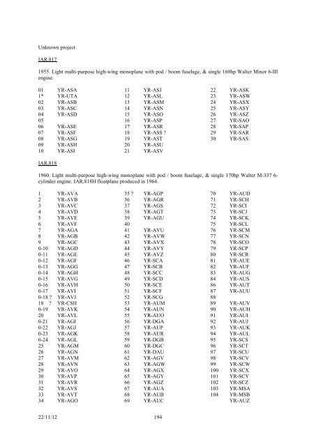 romanian civil aircraft registers & production - Thai Aviation History