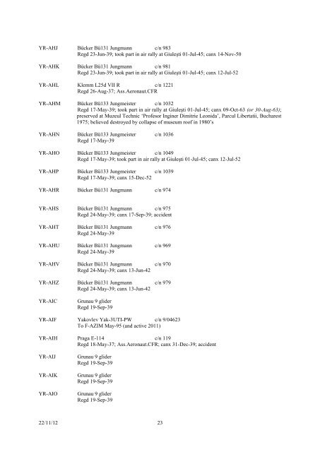 romanian civil aircraft registers & production - Thai Aviation History