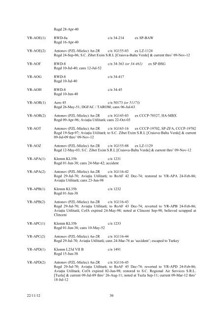 romanian civil aircraft registers & production - Thai Aviation History