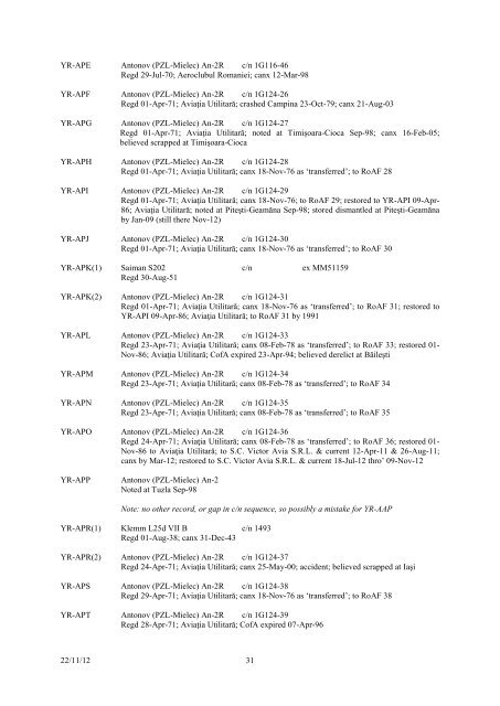 romanian civil aircraft registers & production - Thai Aviation History