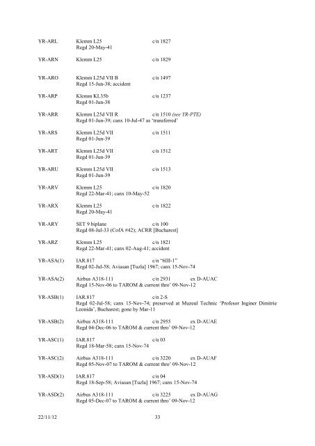 romanian civil aircraft registers & production - Thai Aviation History