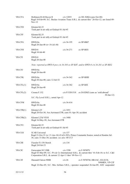 romanian civil aircraft registers & production - Thai Aviation History