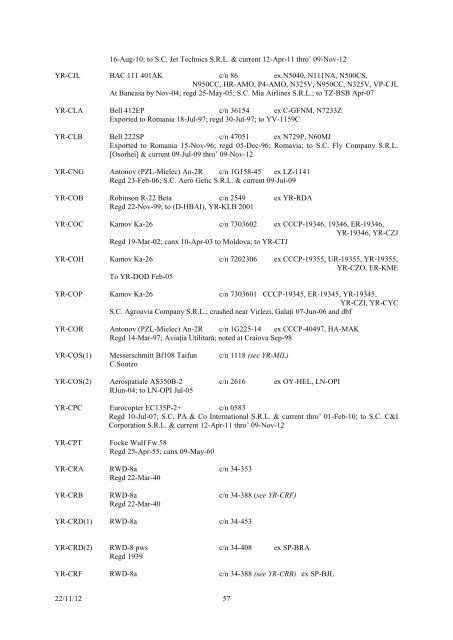 romanian civil aircraft registers & production - Thai Aviation History