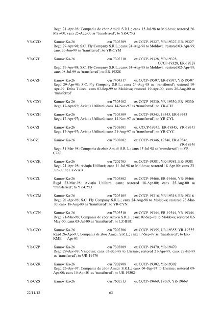 romanian civil aircraft registers & production - Thai Aviation History