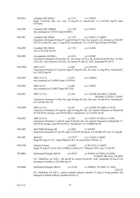 romanian civil aircraft registers & production - Thai Aviation History