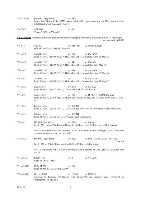 romanian civil aircraft registers & production - Thai Aviation History