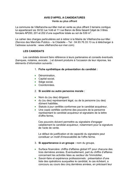 AVIS D'APPEL A CANDIDATURES - Villefranche-sur-Mer