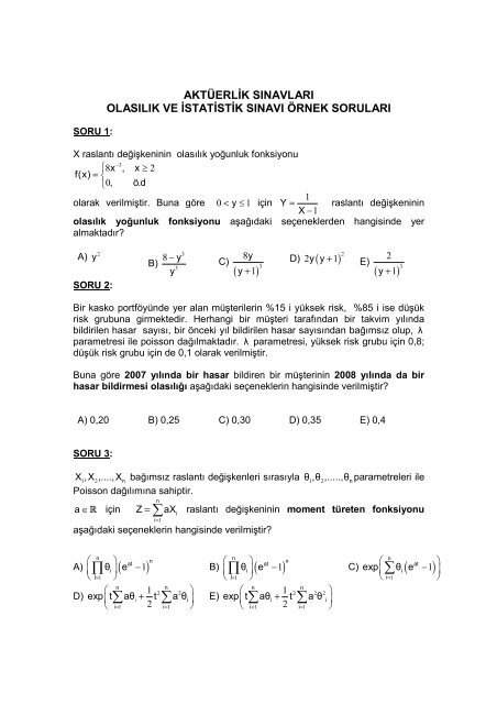 2011 Yılı I. Seviye Sınavları-Olasılık ve İstatistik Sınavı Örnek Soruları