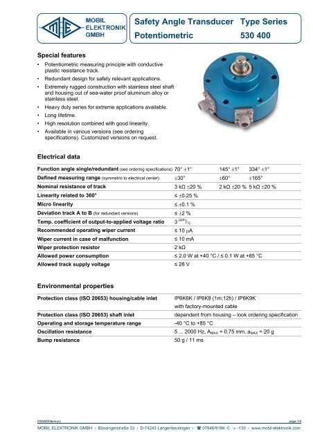 Safety Angle Transducer Type Series Potentiometric 530 400
