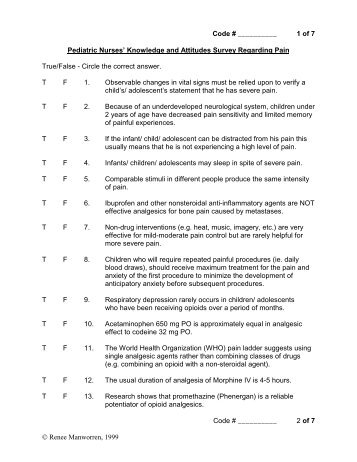 Pediatric Nurses' Knowledge and Attitudes Survey Regarding Pain