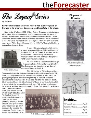 Cover Story - Fairmount's Legacy - Fairmount Christian Church