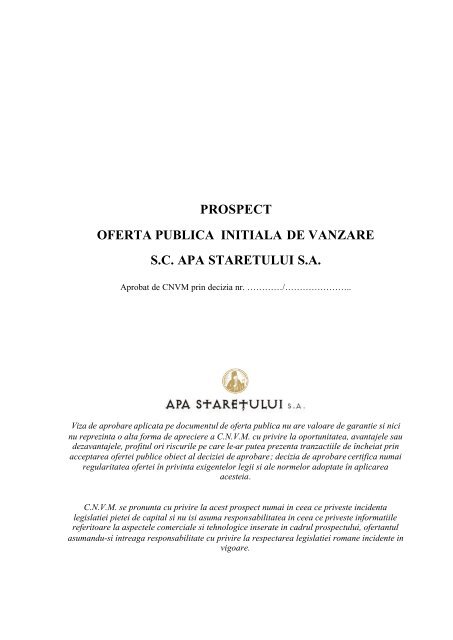 Prospect de oferta publica initiala Apa Staretului SA - Kmarket.ro
