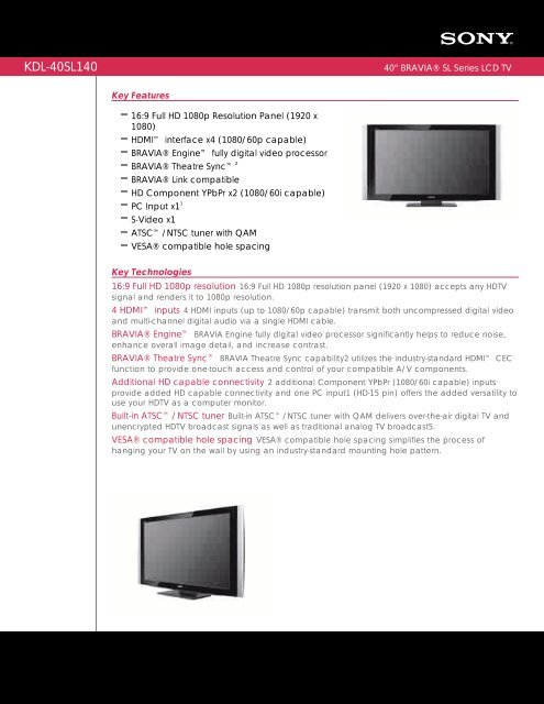 KDL-40SL140 - Manuals, Specs & Warranty - Sony