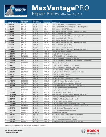 2013 MaxVantagePRO Rates (pdf) - Bosch Power Tools