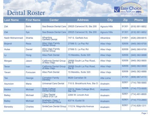 Dental Roster - Easy Choice Health Plan