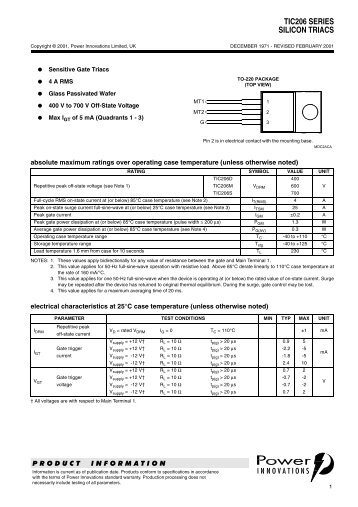 TIC206 SERIES SILICON TRIACS