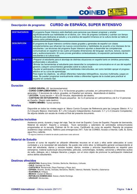 DescripciÃ³n de programa: CURSO de ESPAÃOL SUPER INTENSIVO