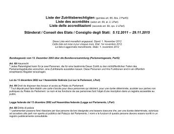 Liste der Zutrittsberechtigten SR - Schweizer Parlament