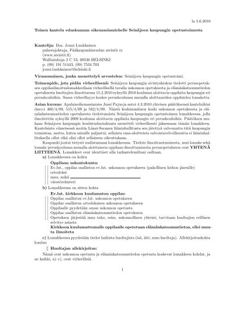 la 5.6.2010 Toinen kantelu eduskunnan oikeusasiamiehelle ...