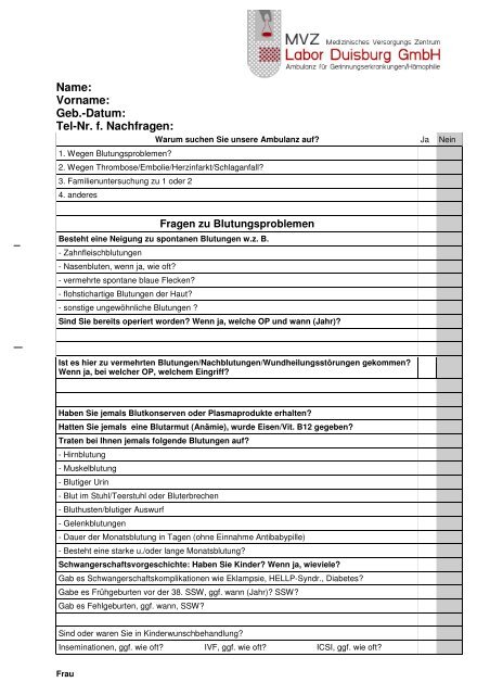 Fragebogen Gerinnungssta Rung Frau Mvz Labor Duisburg