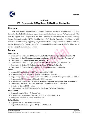 JMB365 PCI Express to SATA II and PATA Host Controller - JMicron ...