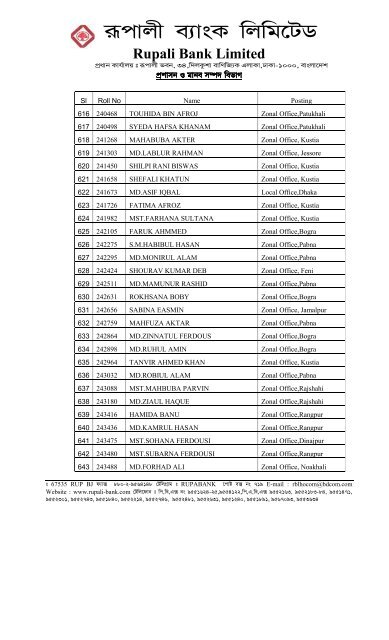 Final Result of Officer - Rupali Bank Limited