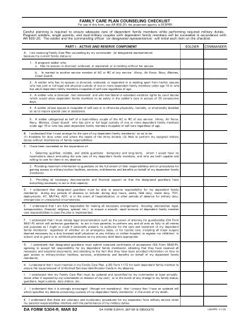 family care plan counseling checklist da form 5304-r, mar 92