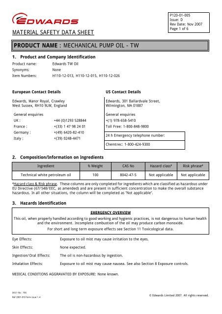 MSDS: MECHANICAL PUMP OIL - TW - en - Edwards